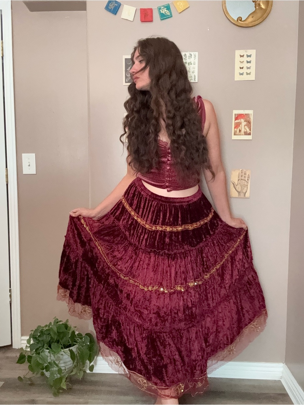 Velvet Burgundy Tiered Maxi Skirt with Gold Trim